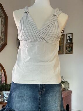 Pleated V-Neck Sleeveless knit silk vintage tank Top Light Gray